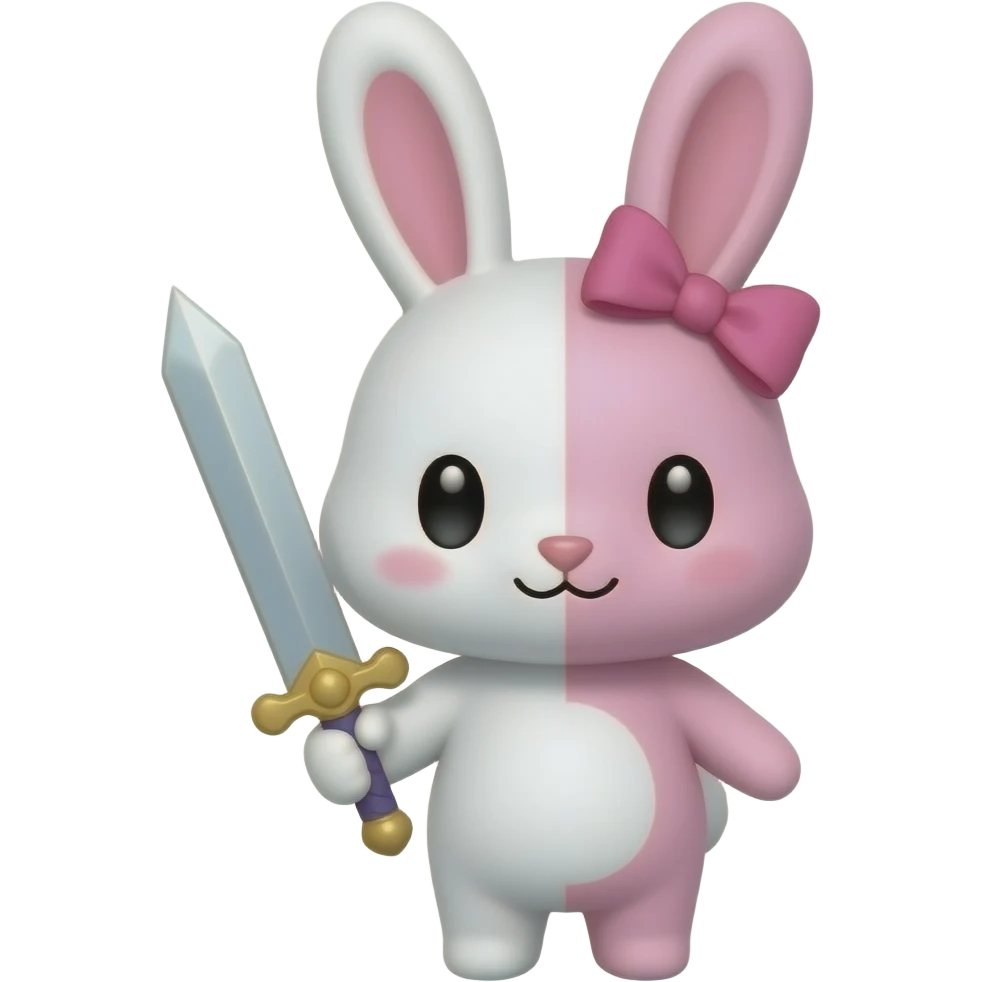 Um coelho de pelúcia metade branco é rosa as duas metafes com a cara fofa lacinho rosa na cabeça orelhas pra cima segurando uma espada ela se chama monomi emoji