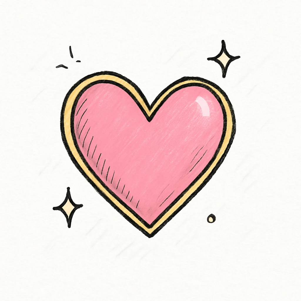 3D effect on a large pink heart with sparkles and gold outline, hand drawn black outline style, white clean background, soft highlights emoji