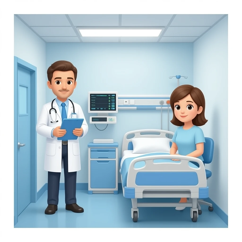 consulta médica con paciente y médico visitandole en hospital emoji