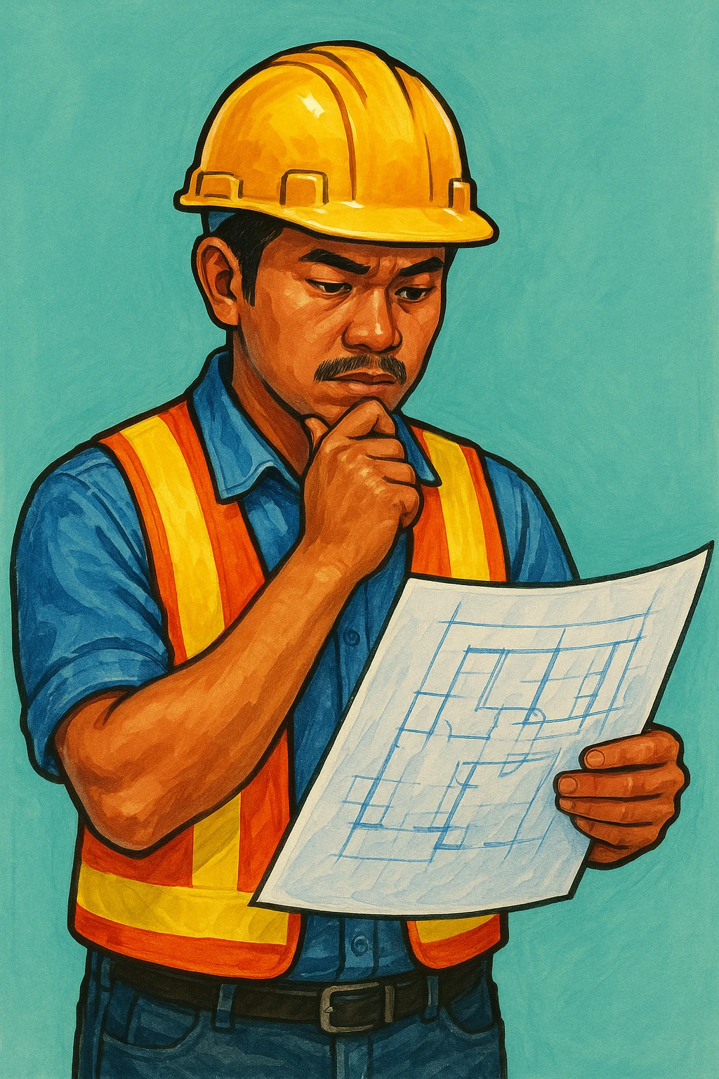 Сгенерируй мне индонезийца в чуть рисованном стиле, в каске и с чертежом в руках. По пояс. На однородном фоне. Он строитель и смотрит в чертеж и думает. Ярко, красиво, красочно emoji