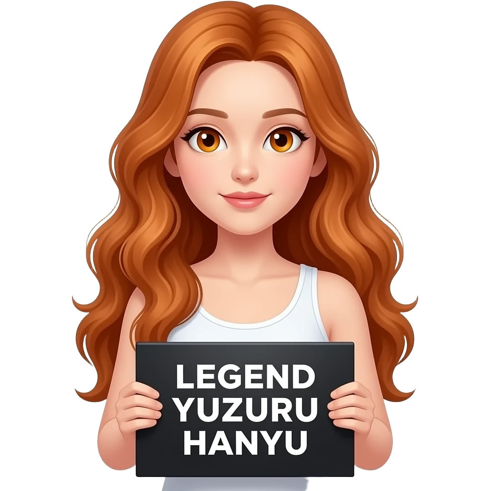 sexy girl with long wavy ginger hair and ginger eyes wearing a white tanktop is holding a black colored sign with LEGEND YUZURU HANYU written on it emoji