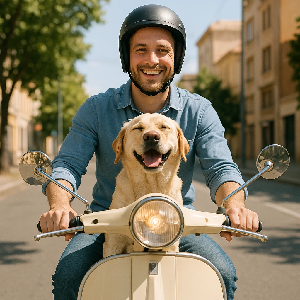 man and his pet dog riding a vespa emoji