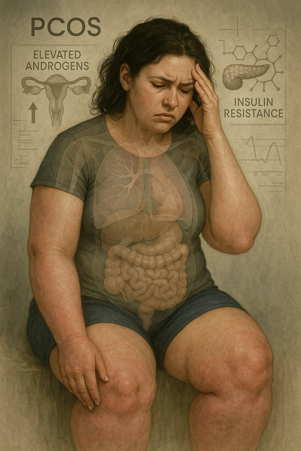 cinematic realistic in italiano Woman with PCOS struggling with hormonal chaos, transparent overlay showing elevated androgens and insulin resistance affecting her body, lipedema causing disproportionate fat accumulation in legs and arms despite normal torso, expression of frustration with unexplained weight gain, medical charts showing complex endocrine dysfunction, painful swollen limbs contrasting with metabolic confusion scrivi in italiano emoji
