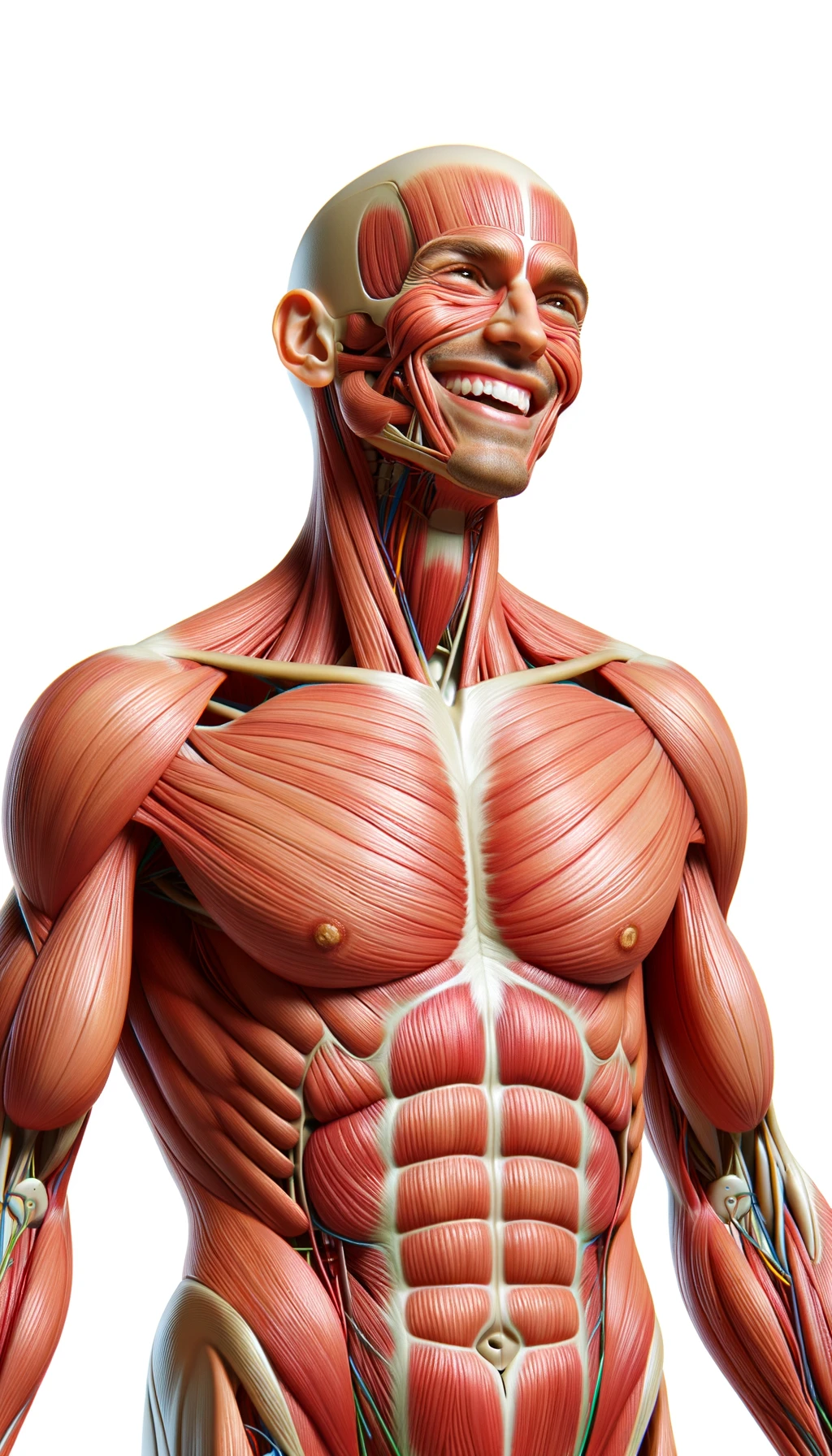 corpo umano anatomico a figura intera che sorride rilassato, iperrealistico 4k, isolato su sfondo bianco emoji