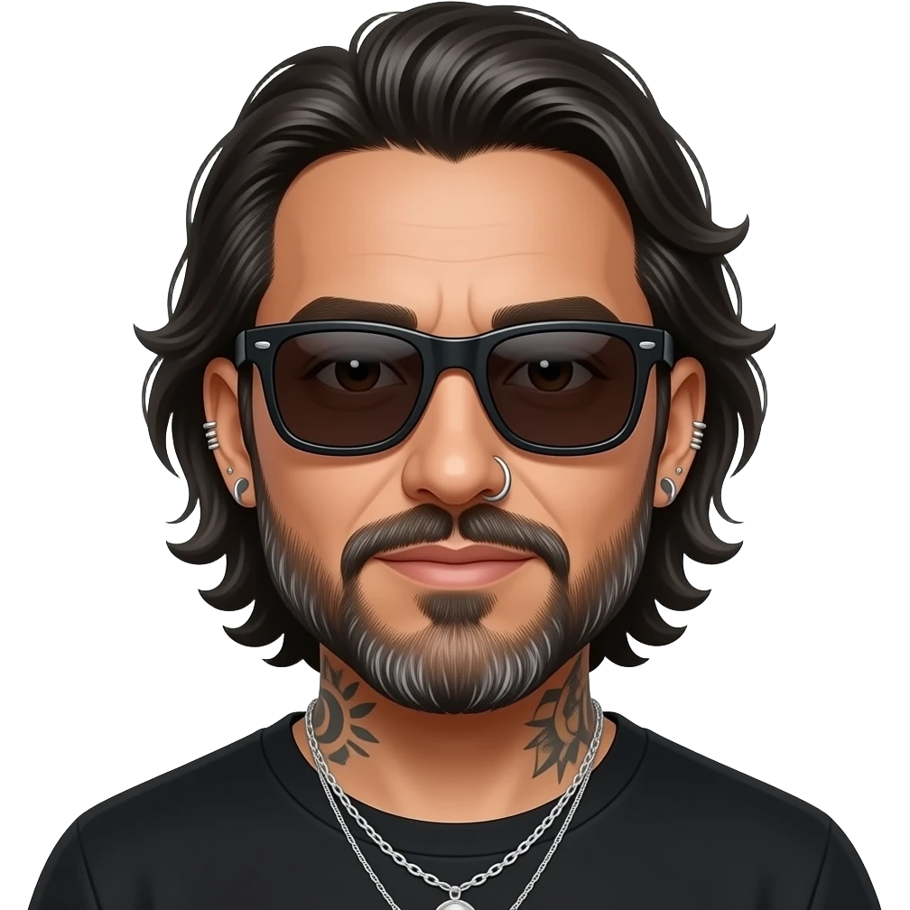 The handsome manly Latino podcast host with medium length hair, a long slightly graying beard and tattoos with his ears pierced 1 time each ear and a nose ring on the right side, dark brown eyes, wearing black, dark sunglasses, and jewelry, going to dinner emoji