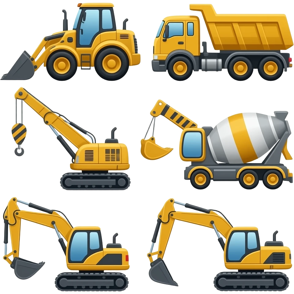 Bulldozer, dump truck, crane, concrete mixer, backhoe, and excavator emoji