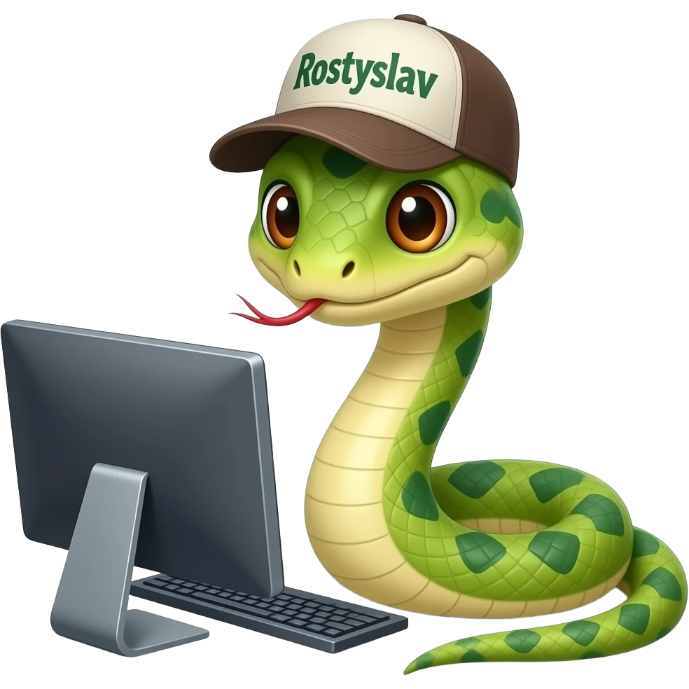змея с карими глазами в кепке с надписью Ростислав играет в компьютер emoji
