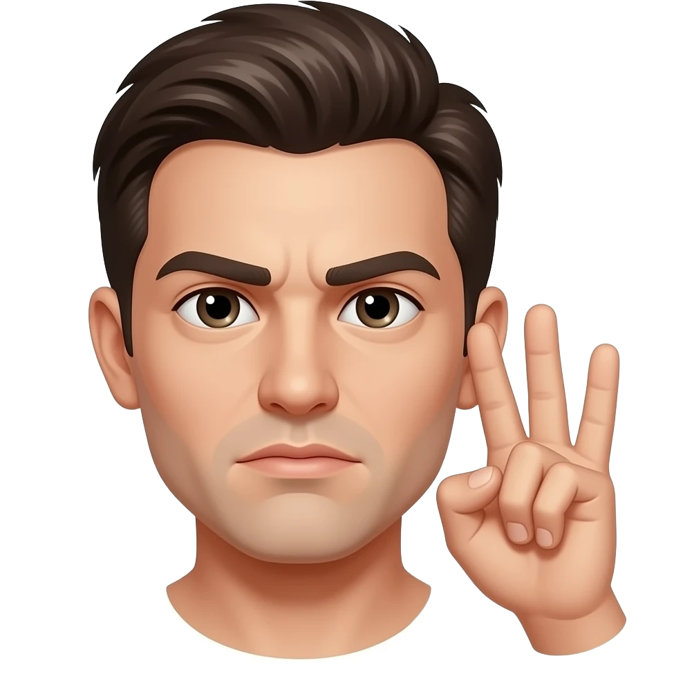 A serious face with three fingers being held to the right ear like a phone emoji