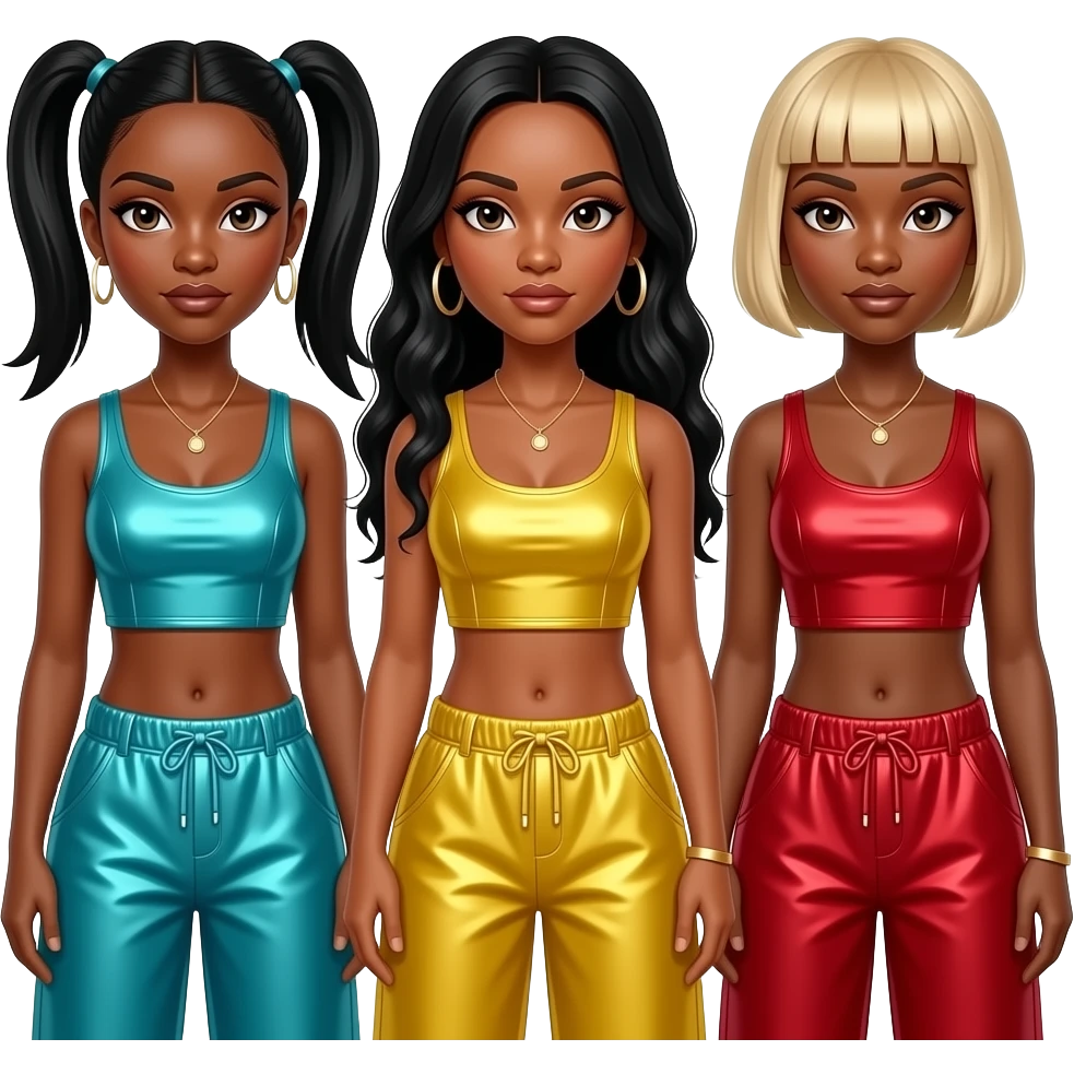TLC with with Left Eye with brown skin and eyes, black two ponytail hair, cyan metallic crop top and baggy pants, Chilli with brown skin and eyes, long black hair, yellow metallic crop top and baggy pants, T-Boz with brown skin and eyes,short blonde hair, red metallic crop top and baggy pants emoji