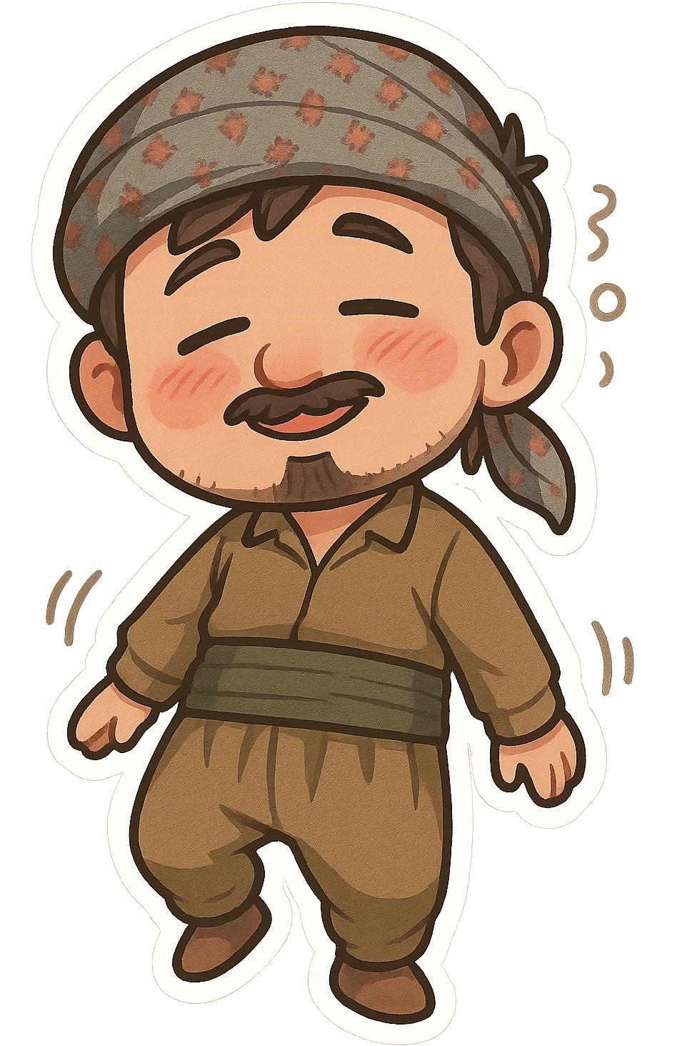Kurdish man or woman in jamadani, cartoon style, tipsy or slightly drunk, rosy cheeks, relaxed smile, swaying, no text emoji