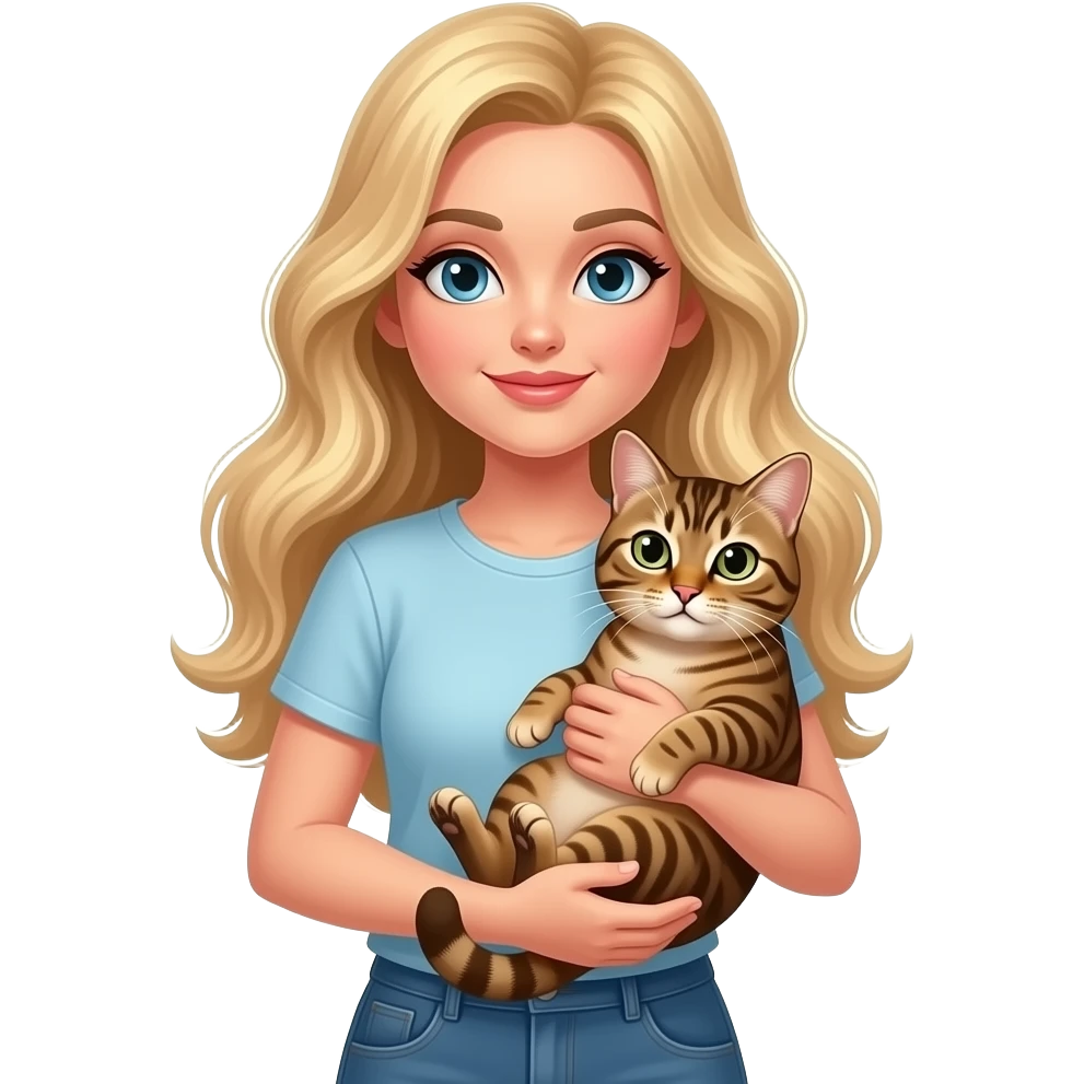 White very pretty woman with blonde hair holding a brown tabby cat emoji