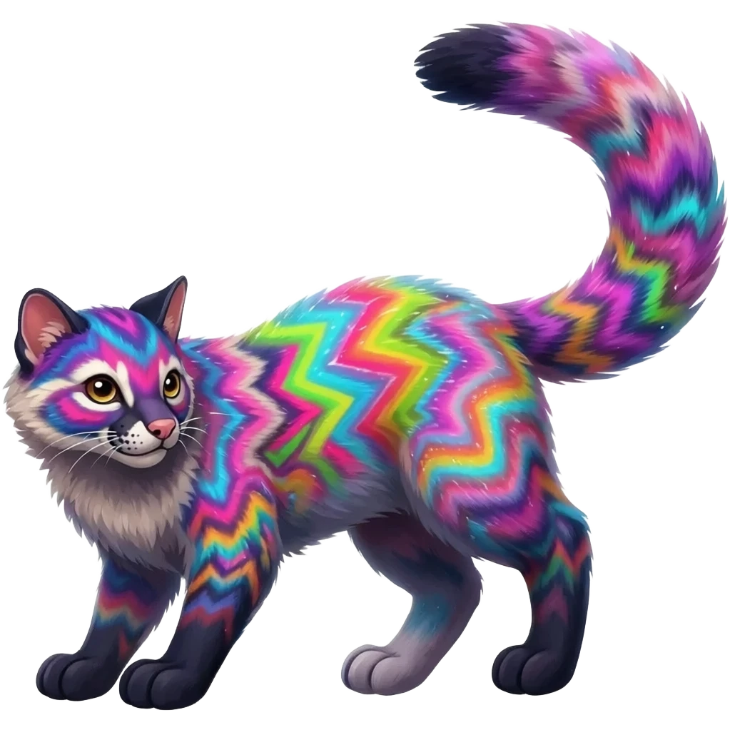 Realistic Colorful pale nebula gradients-colored randomly-colored glorious exotic neon vibrant zigzagged fantasy-caracal-civet-genet-sergal-vernid-Gryphon-Cacomistle-Trico-oncilla-animal-Fakémon-hybrid-fursona (full body), facial markings, (realism style) emoji