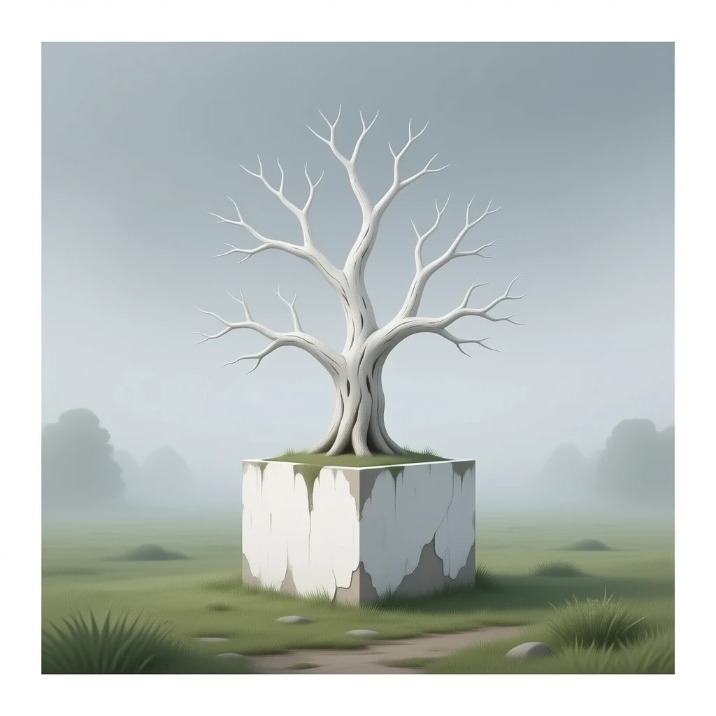 steampunk - white bare old tree grows from a dilapidated white box emoji