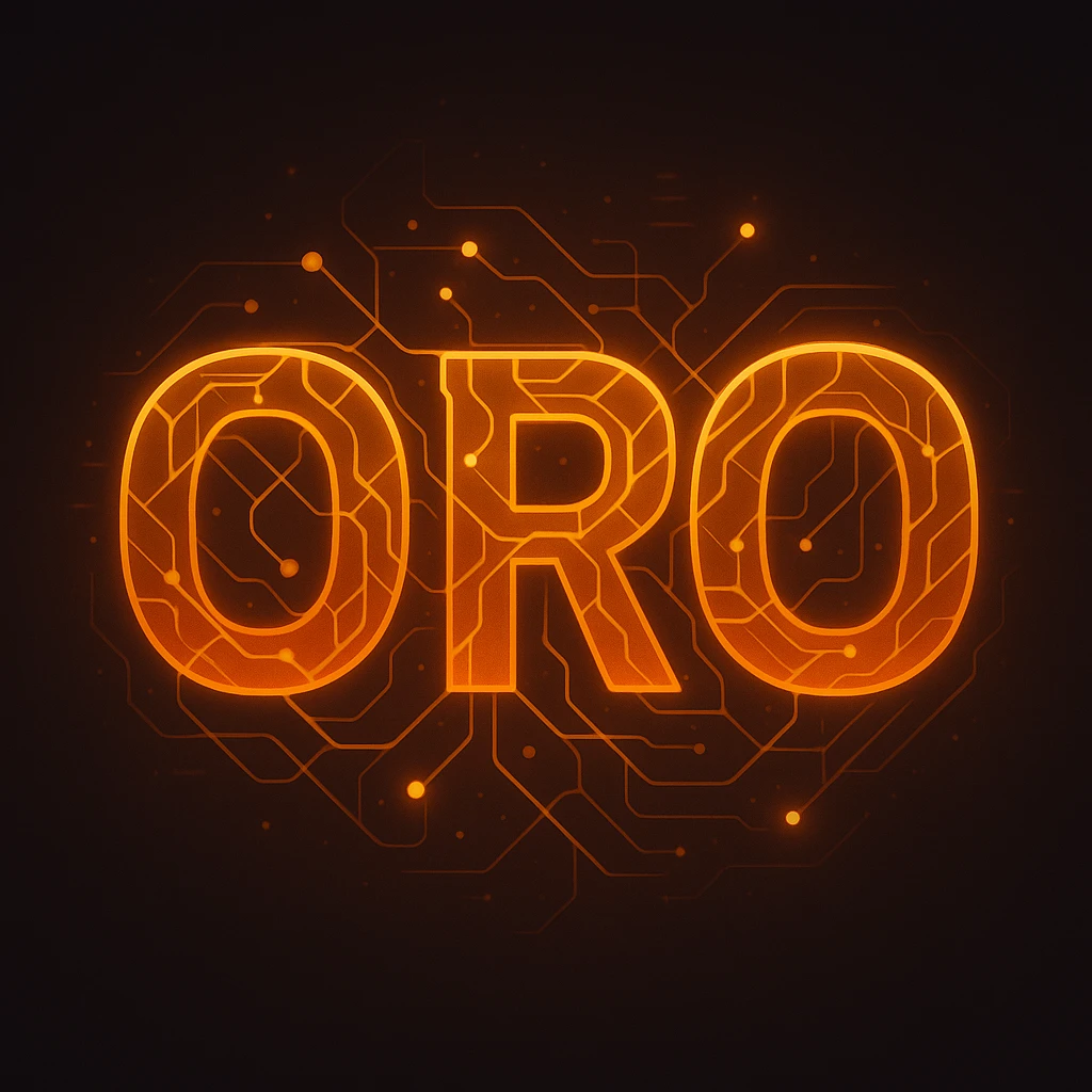 A futuristic 'ORO' emoji in orange gradient, with neural network lines wrapping around the letters, glowing accents, and a digital, sci-fi look. emoji