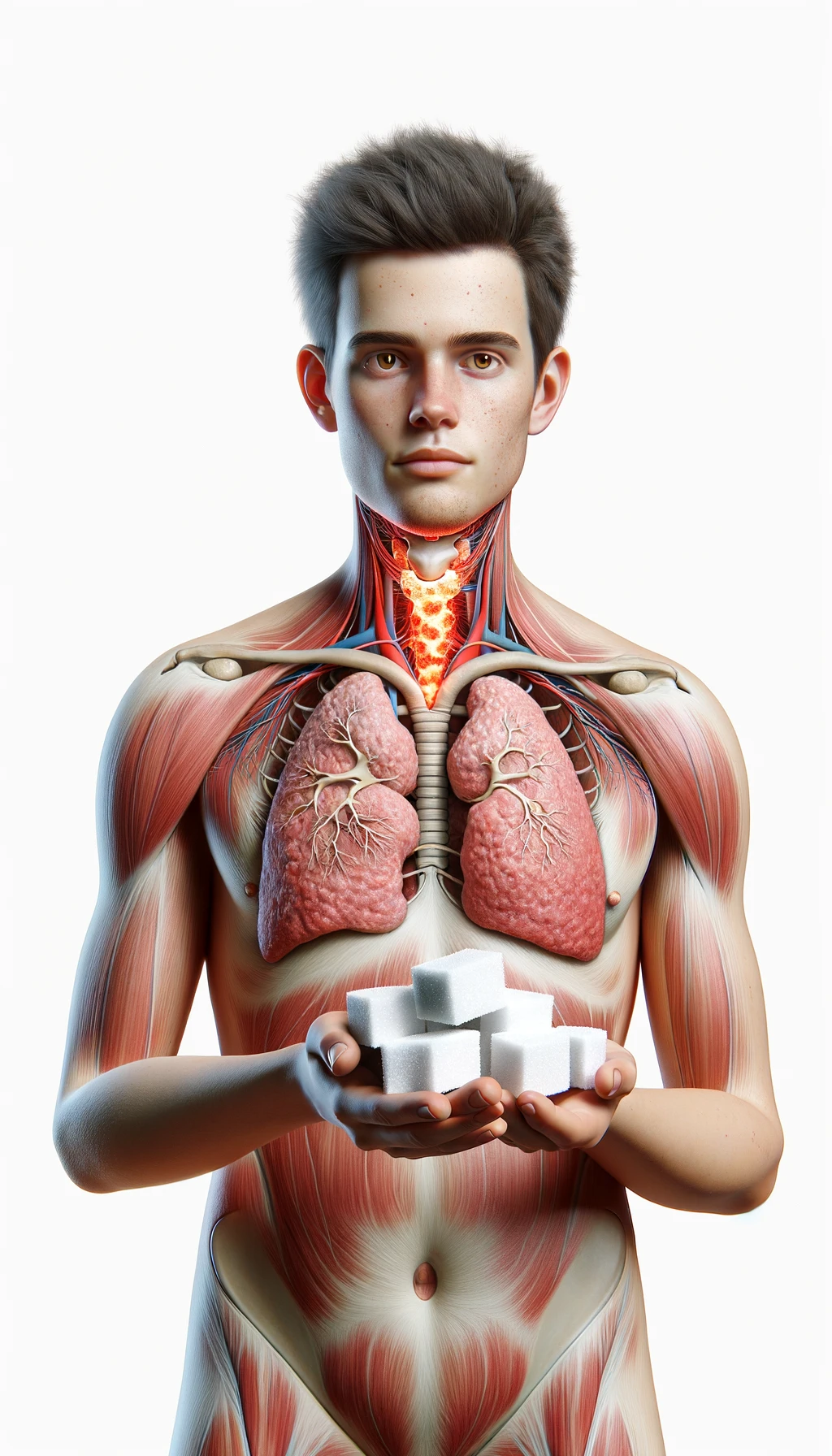 corpo umano anatomico con capelli corti a figura intera fino alle ùginocchia, tiroide infiammata in evidenza, tiene in mano una manciata di zollette di zucchero, iperrealistica 4k, isolato su sfondo bianco emoji