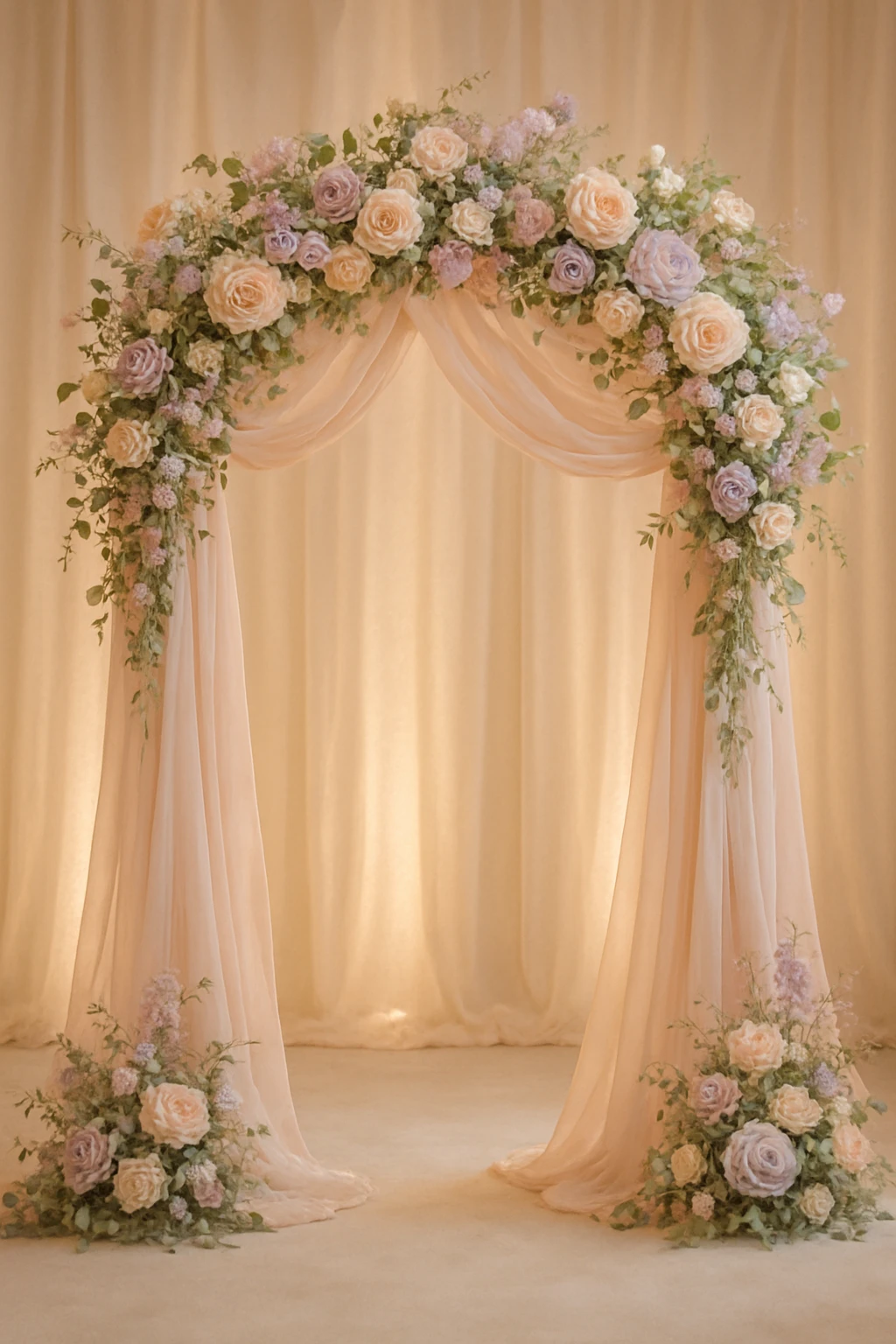 elegant wedding arch with flowers, pastel colors, soft lighting, romantic atmosphere emoji