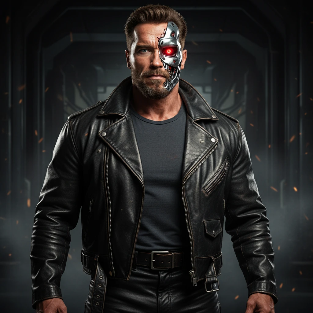Make this phot of me look buff like Arnold Schwarzenegger in The Terminator, with his biker costume, using my own hairstyle and face. Show half my face as a cyborg with metal and a glowing red eye. I want to look strong, intimidating, and heroic. emoji