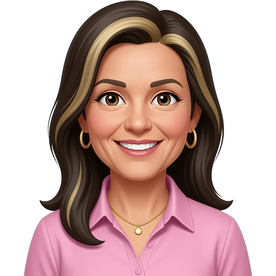 woman in early 50s, olive skin lighter skin. long straight longer hair dark hair with blonde highlights, with side parting, with hoop earrings and necklace, open smile, pink shirt with collar emoji