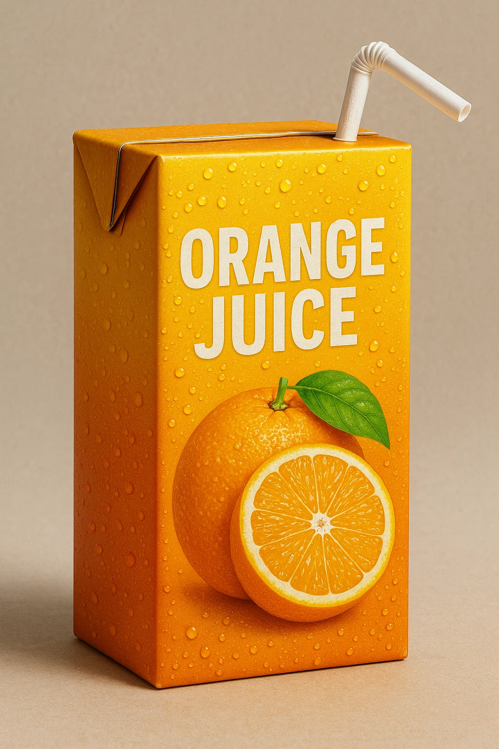 realistic orange juice box with a straw, condensation on the box, vibrant colors emoji