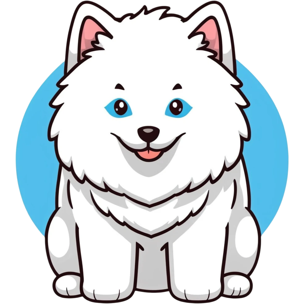 fluffy white Samoyed dog with blue eyes, smiling emoji