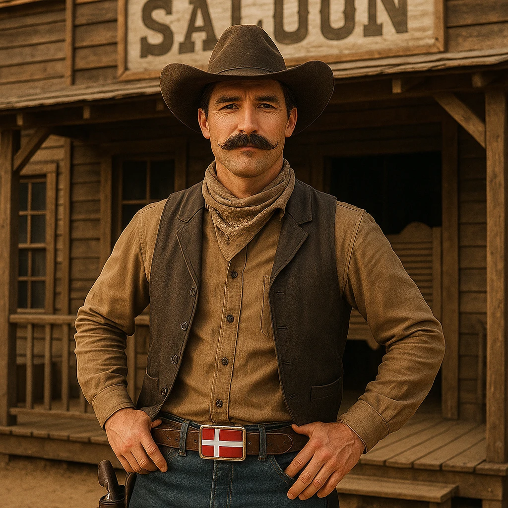 Danish cowboy with a mustache and Danish flag belt buckle standing in front of a saloon emoji