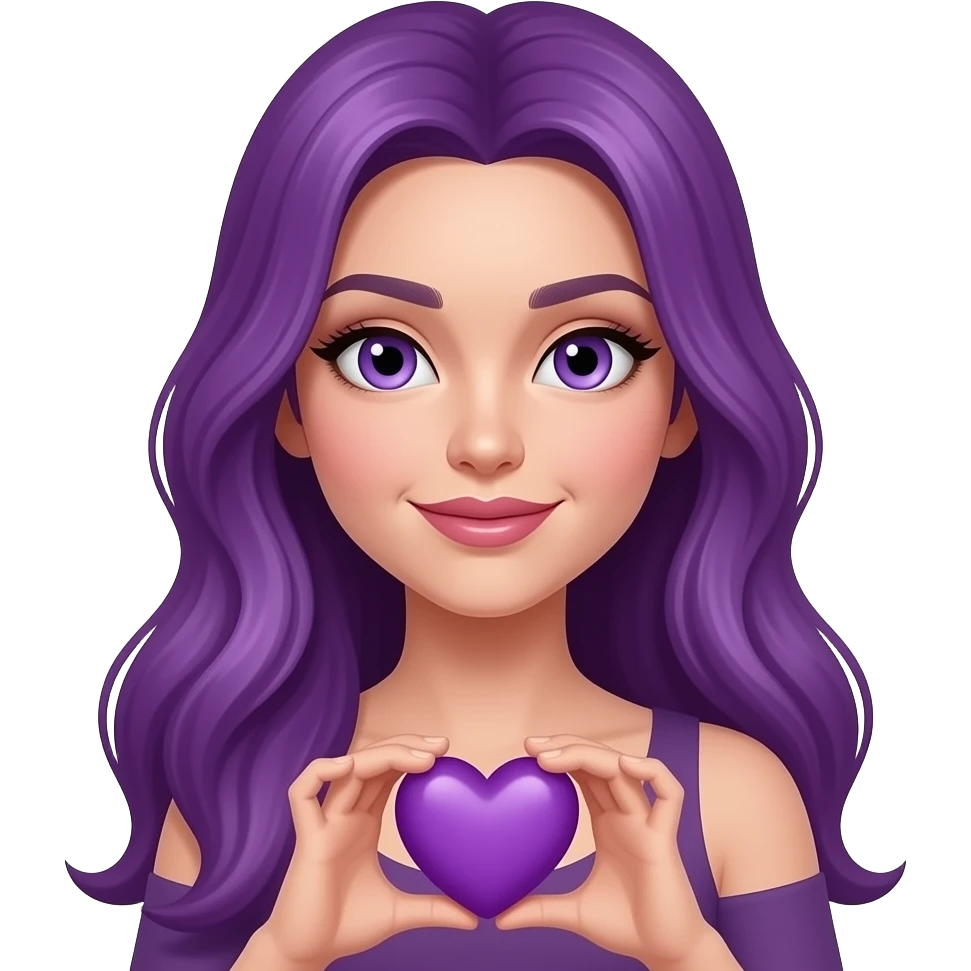 sexy girl with long purple hair and purple eyes with a heart emoji