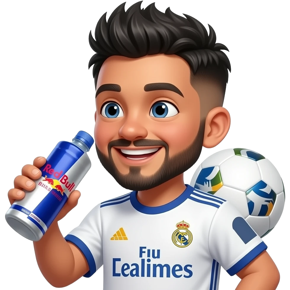 Laughing Boy with a European soccer ball, in Real Madrid jersey Indian young boy with a lightly trimmed beard and side fade with messy spike hairstyle, drinking redbull watermelon flavor, hair and beard color is black emoji
