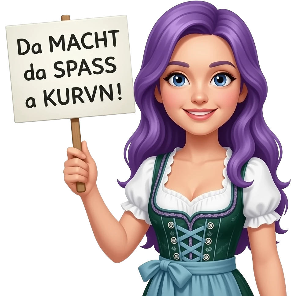 girl with long purple hair wearing a dirndl holding a Da MACHT da SPASS a KURVN! sign emoji