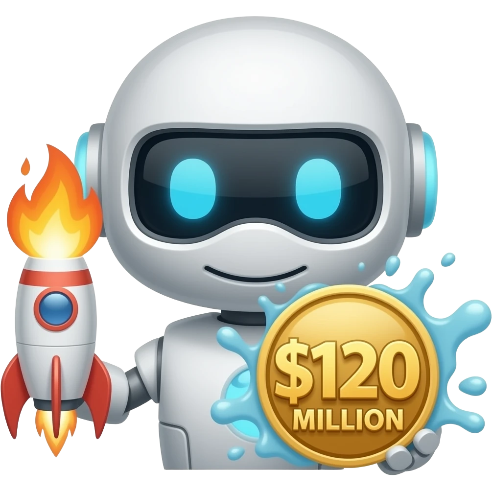 I want to make this robot logo with fire "going to the moon" and a splash showing 120m$ emoji