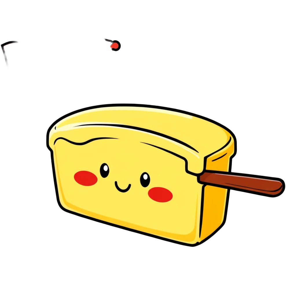 Shiny, perfect stick of butter with big red words over it saying “Butter” emoji
