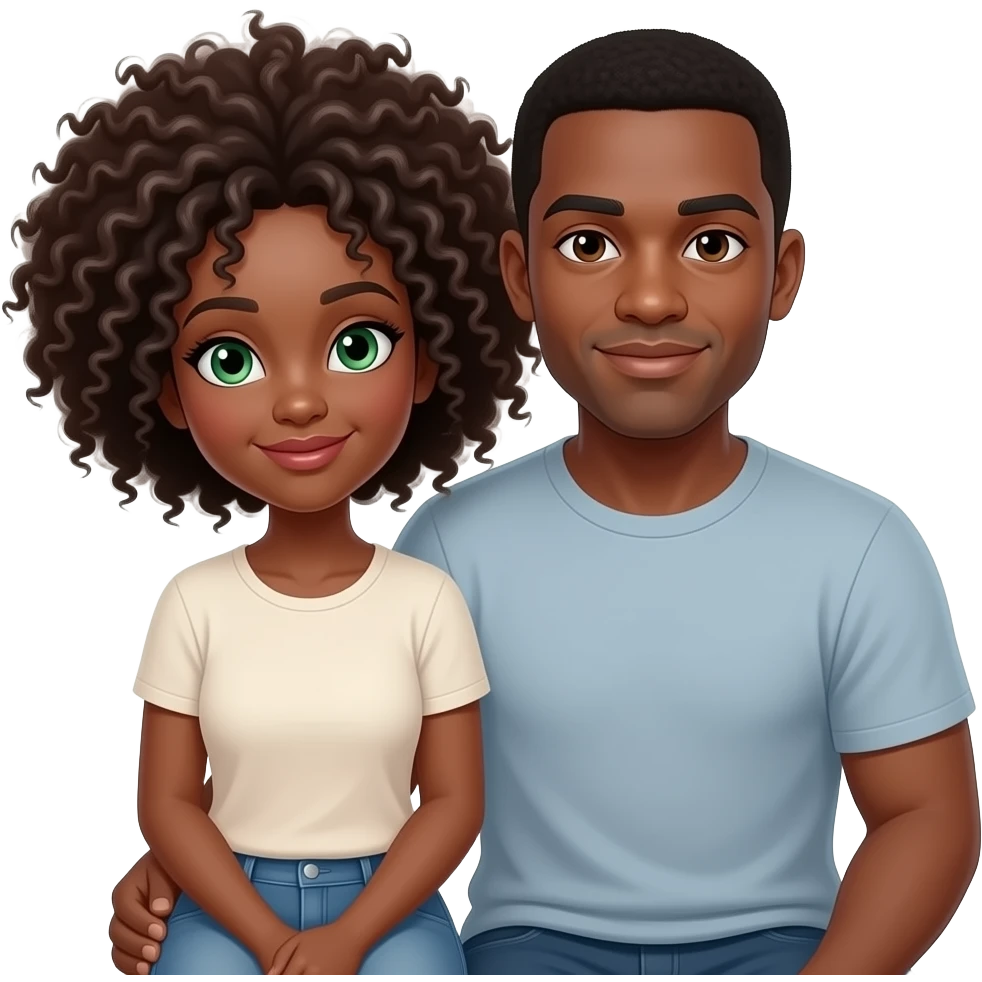 Lighter skinned Black woman with green eyes and afro sitting on light skinned black man with brown eyes lap emoji