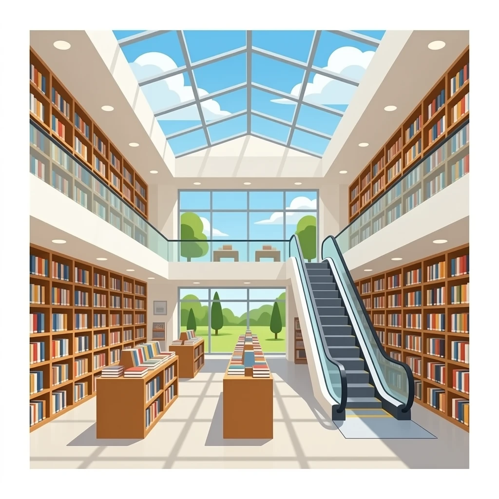 large bookstore interior, realistic, tall bookshelves, open space, escalator, glass ceiling, no people, clean composition emoji