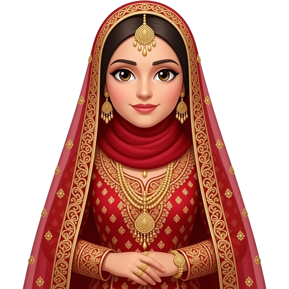 A Pakistani hijabi bride with a red and gold outfit with a red hijab on emoji