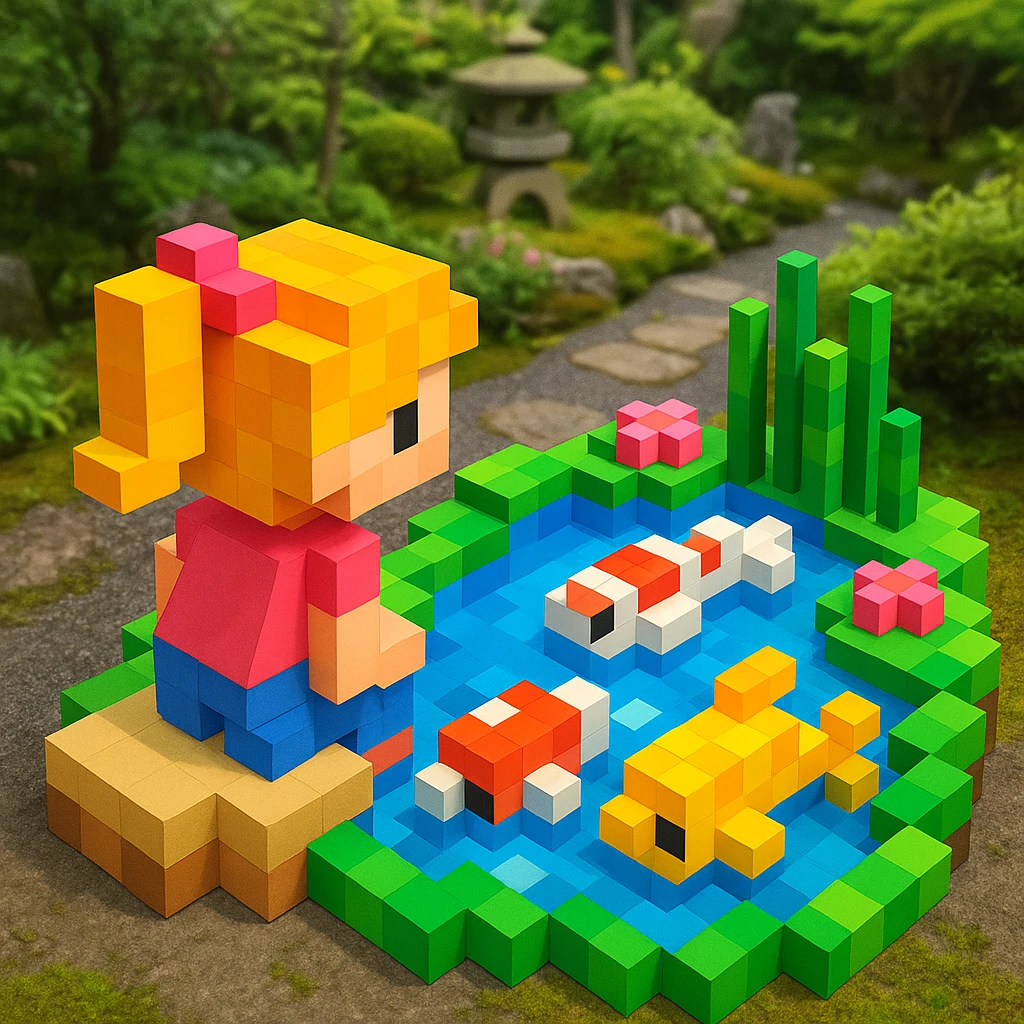 girl watching koi fish in a pond, realistic background emoji