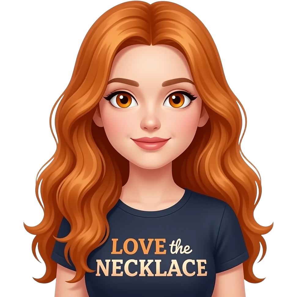sexy girl with overlong ginger hair and ginger eyes a top with LOVE the NECKLACE written on it emoji