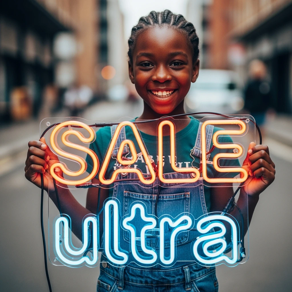 make a girl holding this sign, but sign in made of neon, also add ultra below the sign emoji