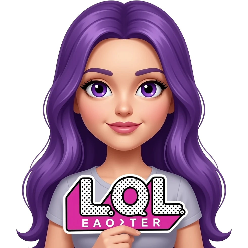 sexy girl with long purple hair and purple eyes holding a L O L sign emoji