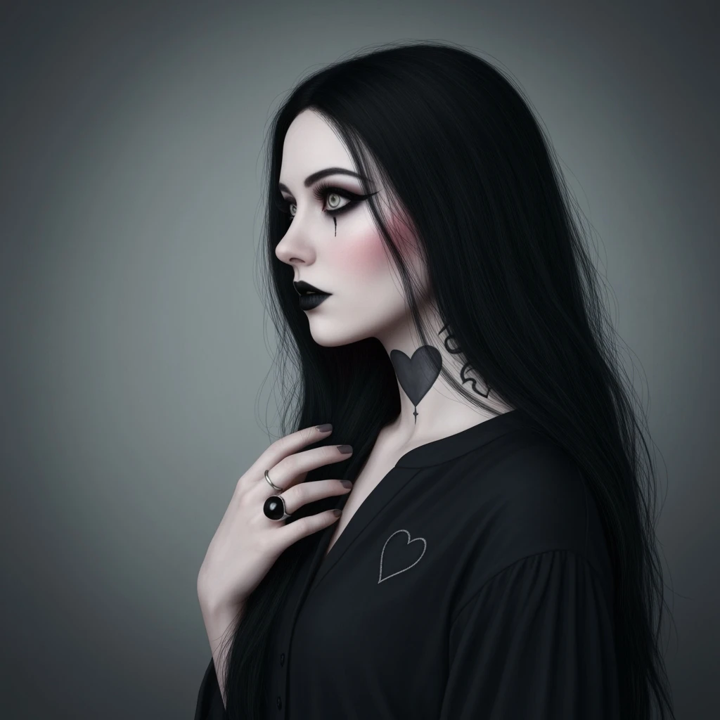 goth profile picture with a heart accent, cute, expressive, minimal emoji