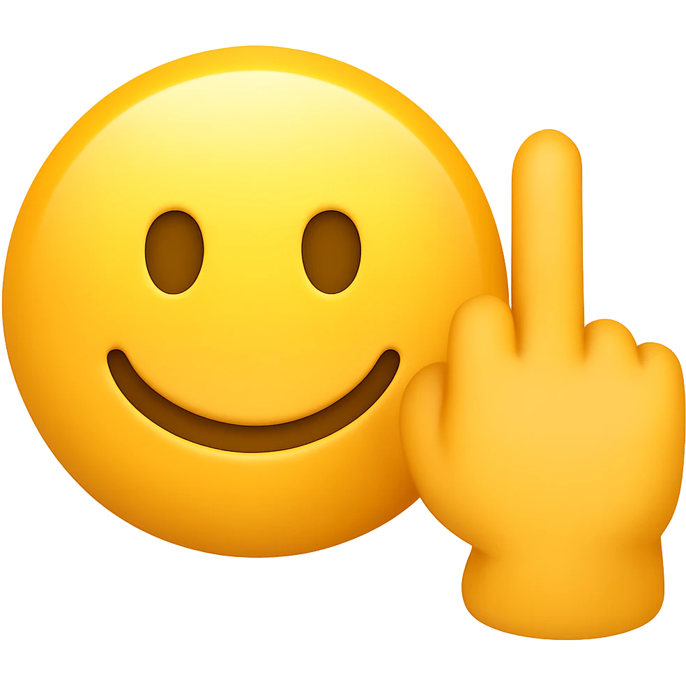 Make the smiley face and middle finger hand look more like a mobile phone emoji, with rounded shapes, glossy finish, and a style similar to standard phone emoji icons, keeping the transparent background. emoji