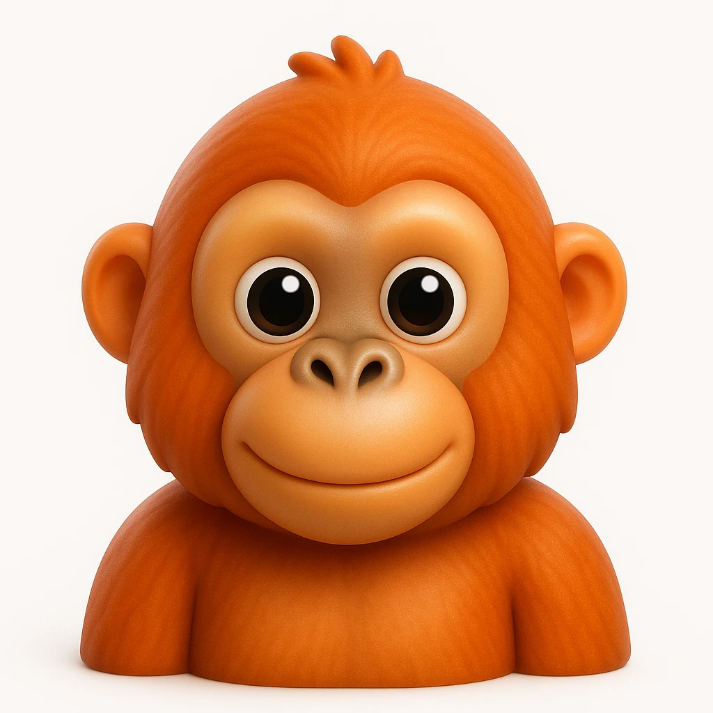 3D rendered emoji-style illustration, glossy plastic-like materials, soft ambient occlusion, rounded forms, high-detail textures, clean white background, Apple emoji aesthetic, subsurface scattering on skin, vibrant saturated colors, cute proportions with large expressive eyes, studio lighting with soft shadows, orangoutang  emoji