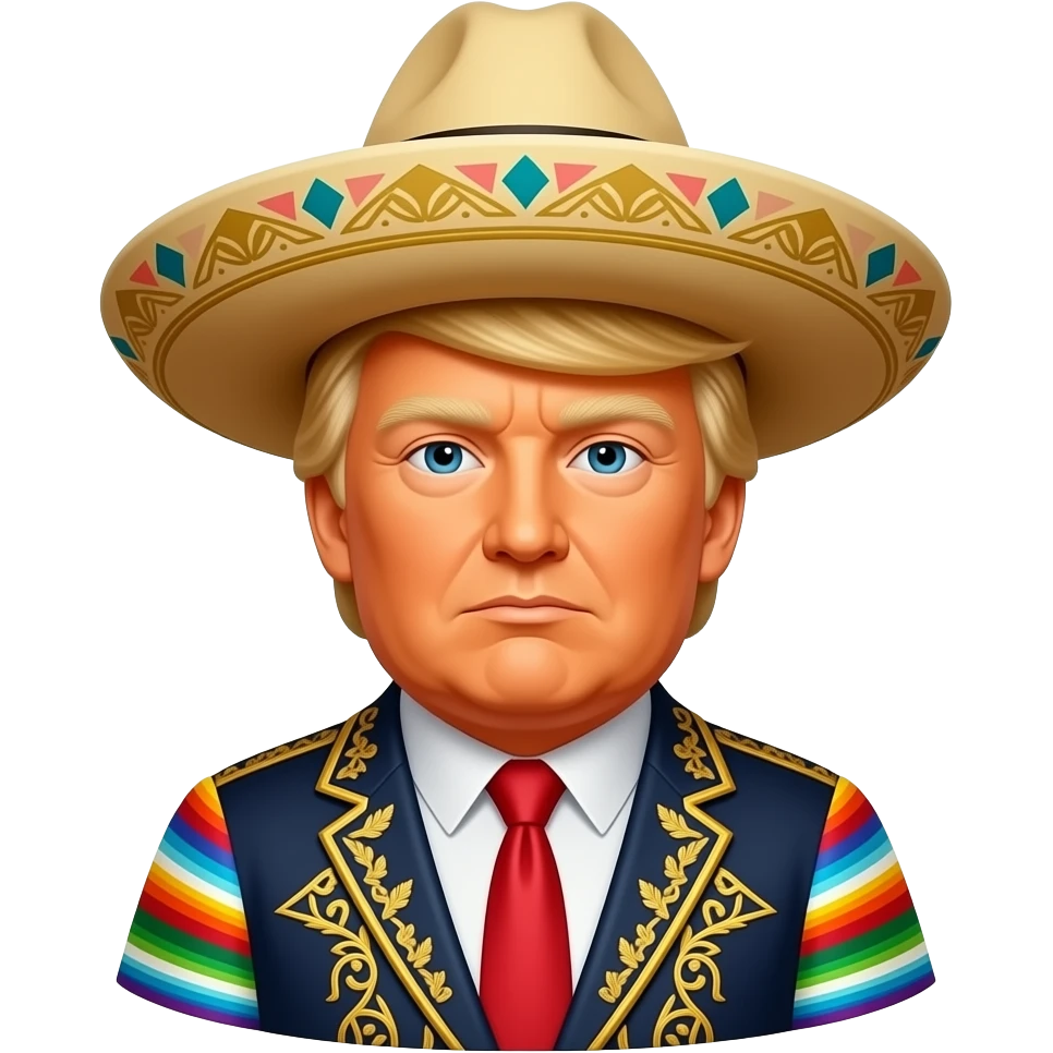 A very Orangish, media stereotypical Donald Trump in the Apple IOS simple style, wearing Stereotypical and ornate Mexican clothing And hat. Simplified face and very top bust. Colorful clothing, the literal EMBODIMENT of the phrase “Taco Trump” emoji