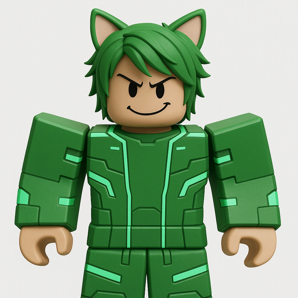 Edit the character in the reference image to have a mischievous expression, keeping the original Roblox style, outfit, and face color exactly as in the reference image. emoji