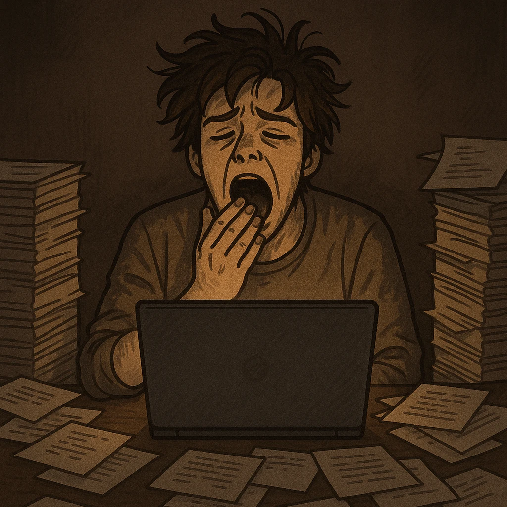 tired blogger with a laptop, yawning, messy hair, stacks of notes, dim lighting, late night atmosphere emoji