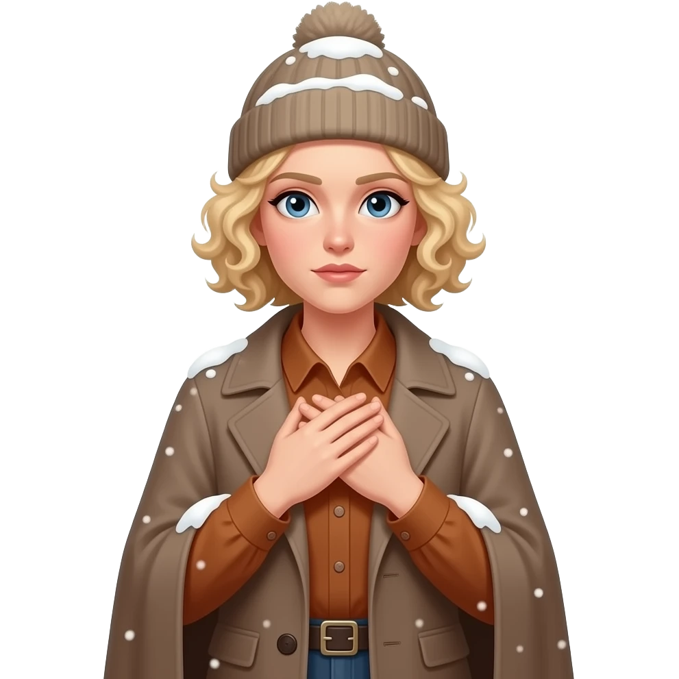blonde tight curly bob cold face with hands sheltering body in a cape coat and winter hat and snow around in a brown shirt emoji