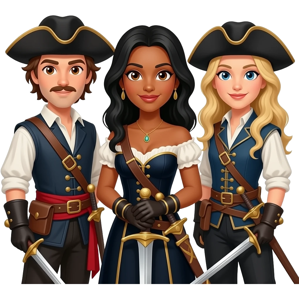 Three musketeers with swords and hats. One guy with brown hair and brown eyes, one girl with black hair and tanned skin and one girl with blond hair. emoji