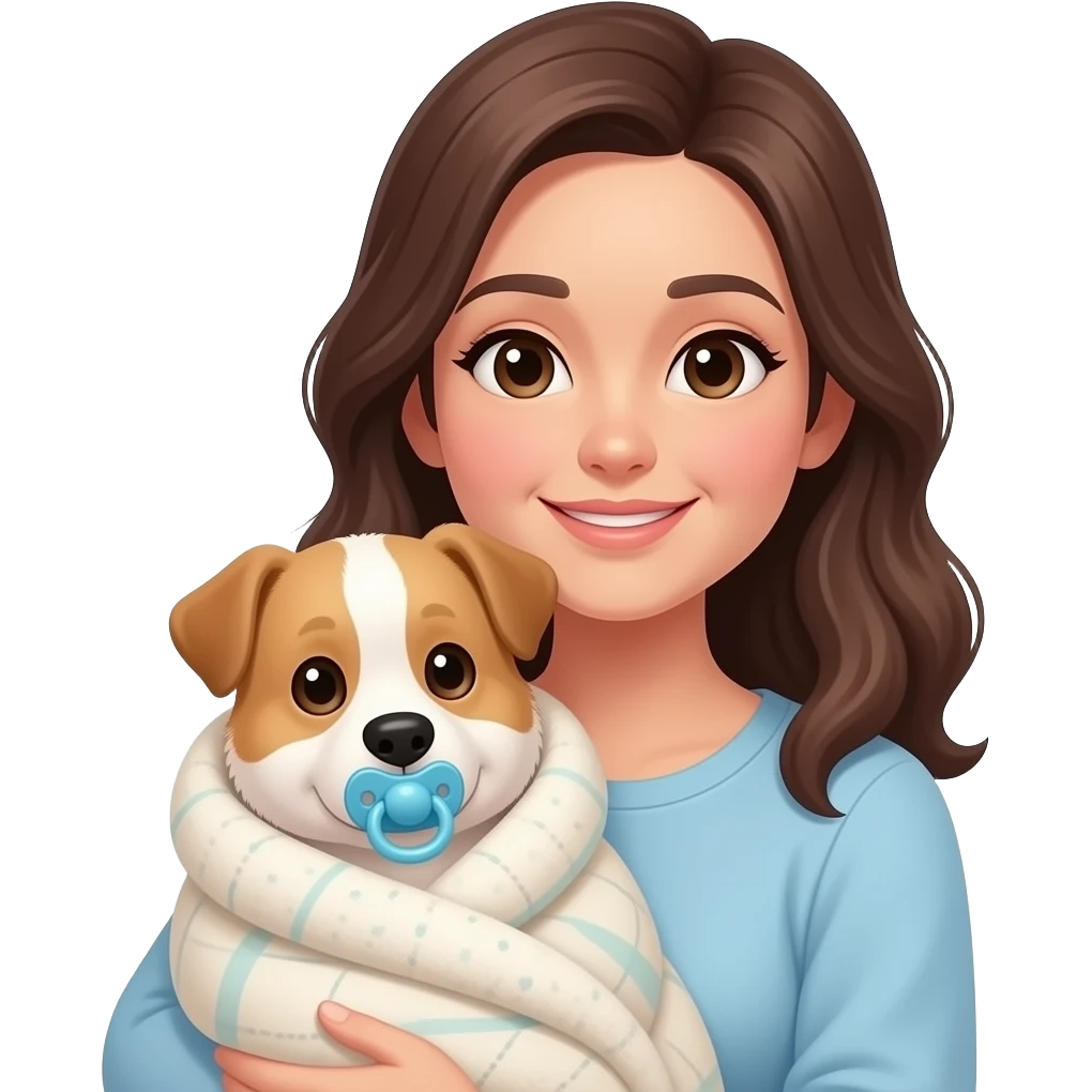Mom holding a dog that looks like a baby. Make the dog have a binky and be swaddled. No put the wrap around the dog and the binky in the dogs mouth emoji