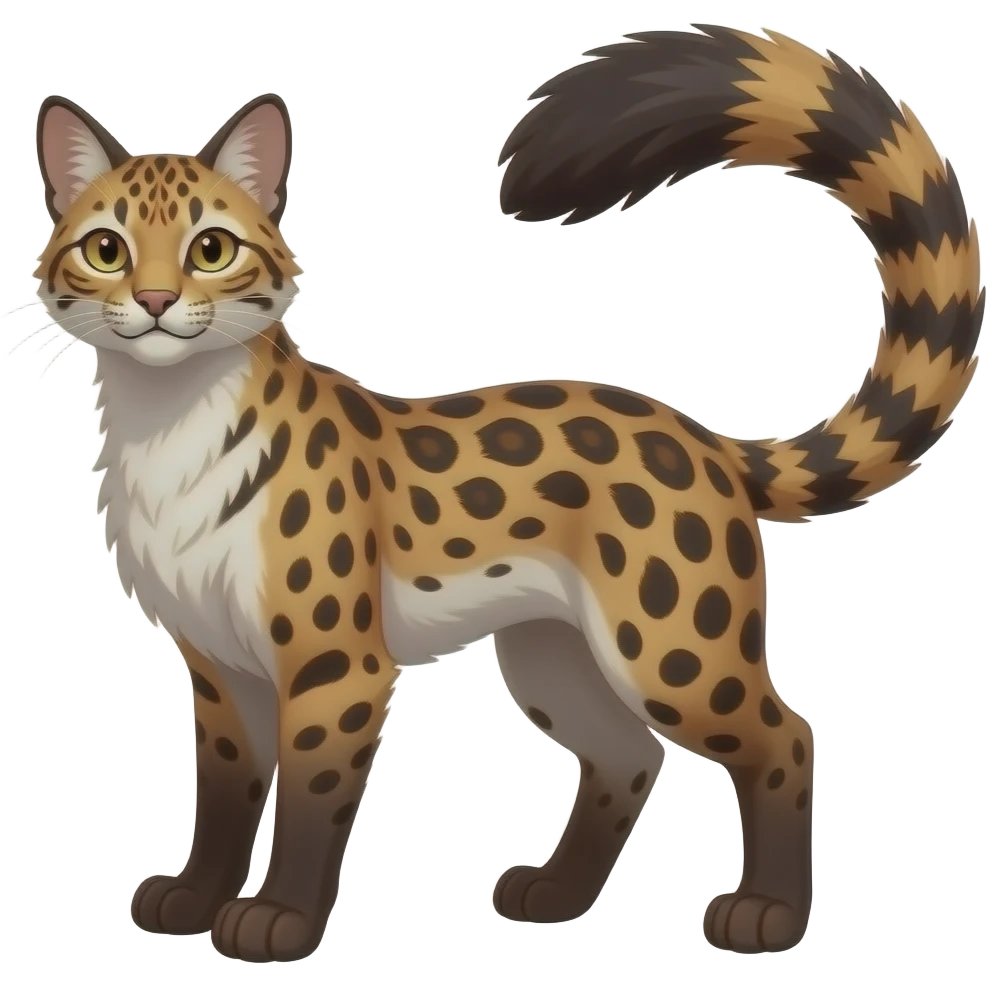 realistic elegant lanky scaly feathery reddish, bronze, beige, white, brown, black, caracal-civet-snow-leopard-bobcat-genet-animal-Fakémon-hybrid, long thin tufted tail emoji