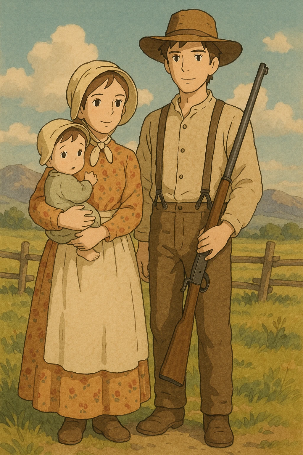 The full bodies of a young husband and wife who are pioneer settlers in the American West in the 1850s. The wife has a young child and the husband is carrying a rifle. emoji