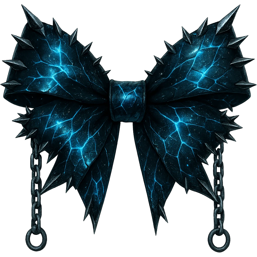 Add metallic spikes and chains to the gothic bow with splintered deep blue glass, holographic stardust, neon lightning, and a wet look. Keep the background transparent. The style should reflect a gothic aesthetic with a transparent background. emoji