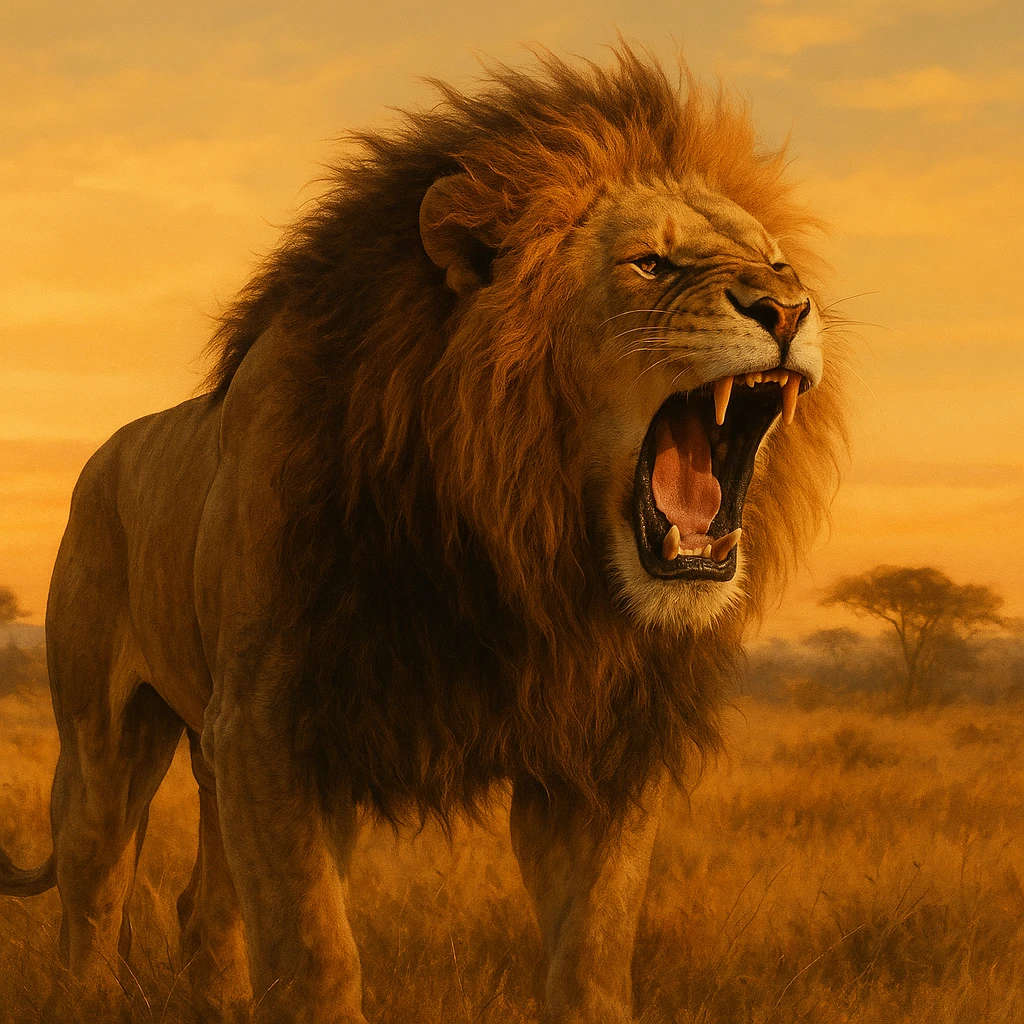 a big, fierce male lion, roaring, realistic, savannah background, golden hour lighting emoji